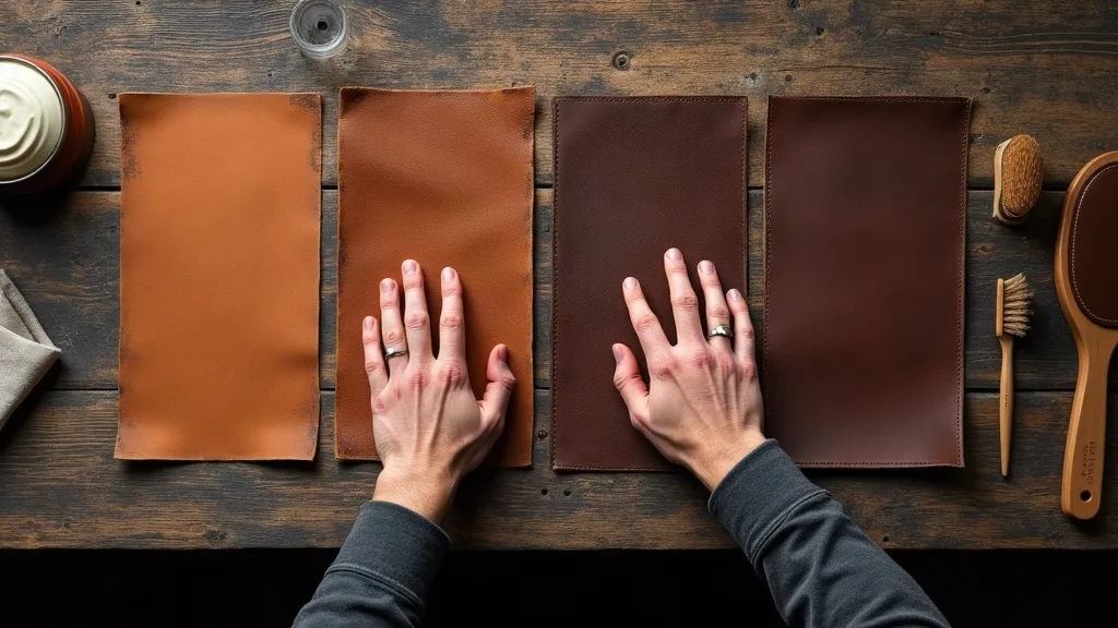 Comparaison de quatre échantillons de cuir disposés côte à côte sur un établi d'artisan : pleine fleur lisse cognac, cuir grainé chocolat, cuir huilé brun et croûte enduite, avec main d'homme testant la réaction tactile du cuir huilé et cartes indiquant épaisseur et propriétés