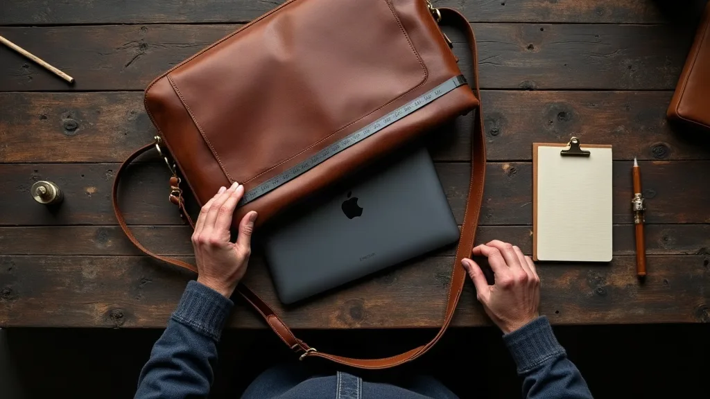 Mesure précise d'un compartiment ordinateur dans un sac en cuir marron avec mètre ruban et laptop 15 pouces pour comparaison