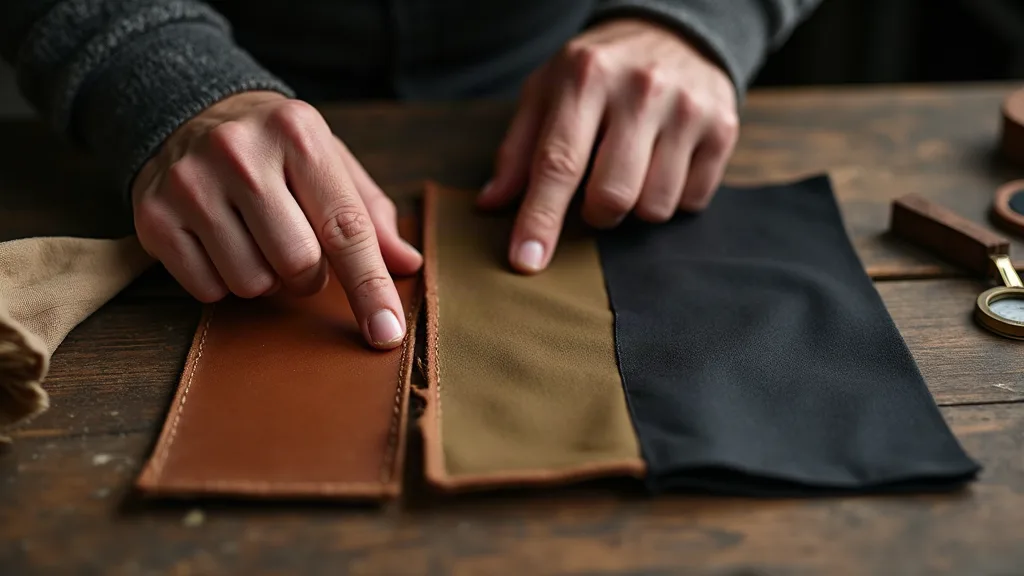 Échantillons de cuir, toile et matière synthétique côte à côte avec produits d'entretien pour comparaison des matières de sacoche