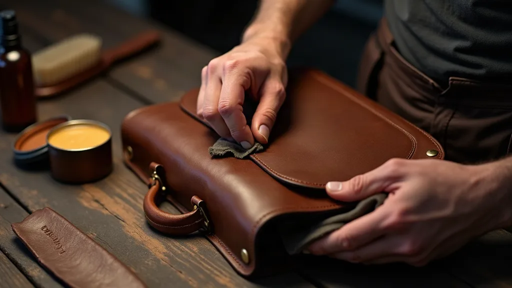 Gros plan sur des mains masculines appliquant de la cire d'entretien sur un sac business en cuir marron avec un chiffon, produits d'entretien et outils visibles sur l'établi