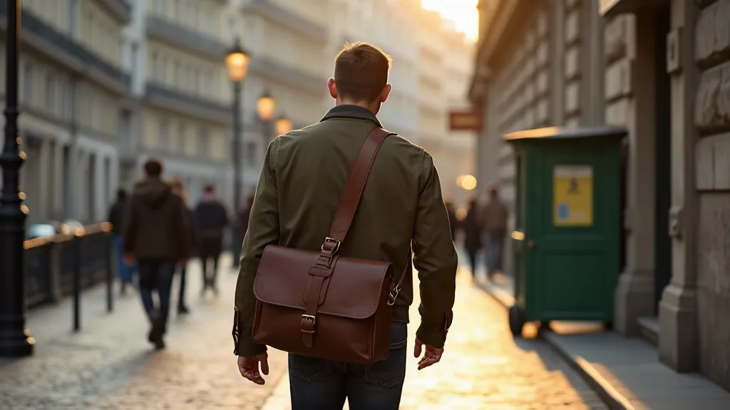 Homme de dos portant une sacoche en cuir patiné après plusieurs années d'usage quotidien, marchant le long de la Seine à Paris, illustrant la durée de vie de 10 à 15 ans des sacs en cuir pleine fleur de qualité