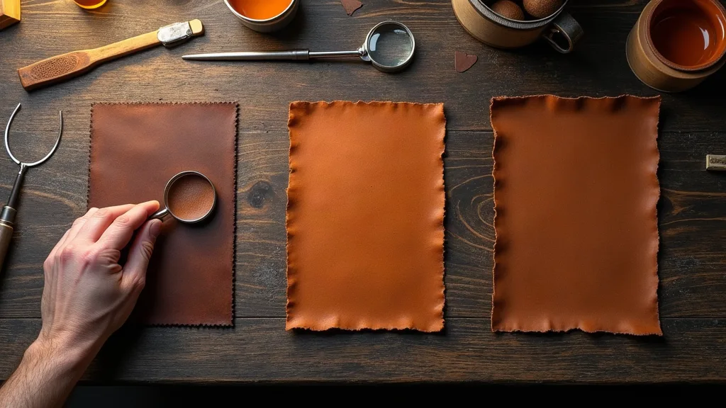 Comparaison de trois échantillons de cuir sur établi d'atelier : pleine fleur naturelle, cuir corrigé et croûte de cuir enduite avec loupe et outil de mesure