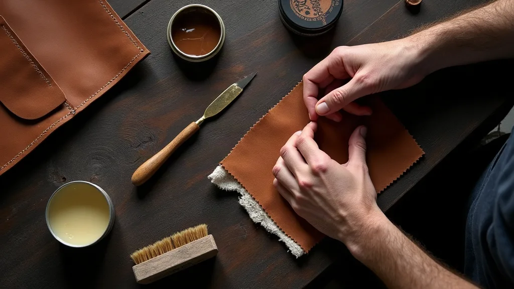 Vue du dessus d'un établi avec outils d'entretien du cuir, mains masculines appliquant de la cire sur du cuir marron – illustration de l'entretien des sacs en cuir pleine fleur