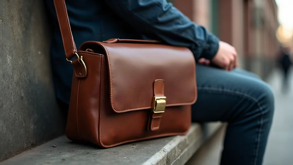 Gros plan d'un sac messager en cuir marron posé sur un banc de métro, main masculine ajustant la poche frontale – illustration des formats de sacs de ville et leur usage quotidien