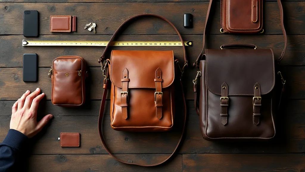 Comparaison de trois formats de sacoches en cuir avec mètre et objets du quotidien pour illustrer la règle de mesure avant achat