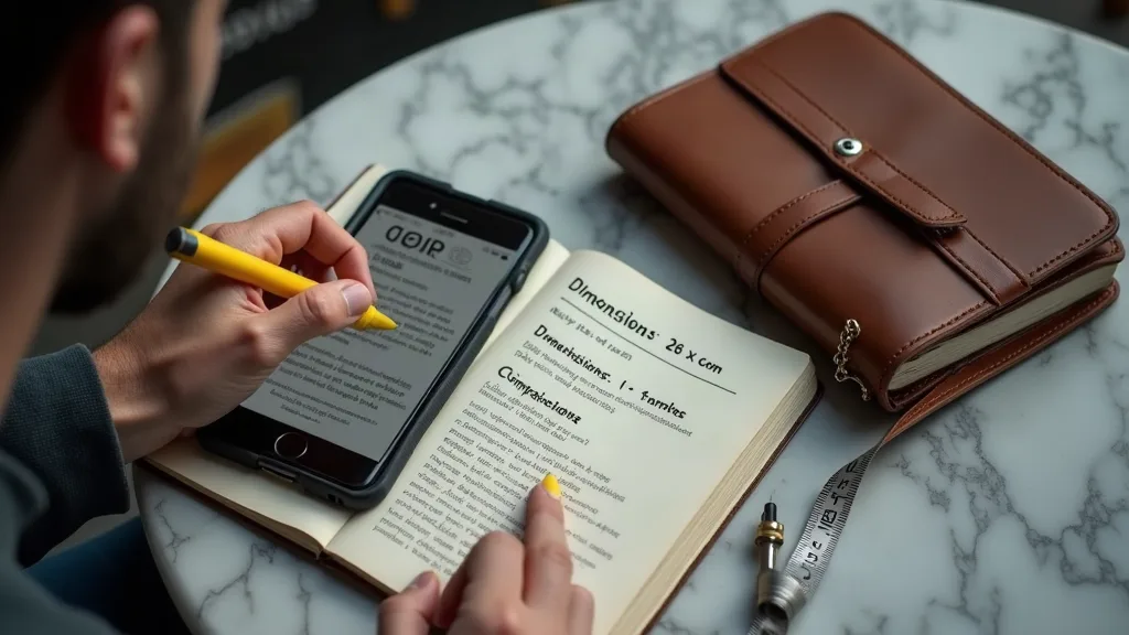 Vérification des caractéristiques d'une sacoche en cuir sur smartphone avant achat en ligne, avec checklist des points essentiels à contrôler