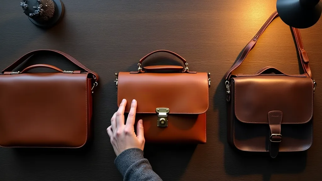 Vue de dessus montrant trois formats de sacs business en cuir côte à côte sur un bureau en bois : porte-documents, sacoche bandoulière et besace, avec une main masculine testant la sangle