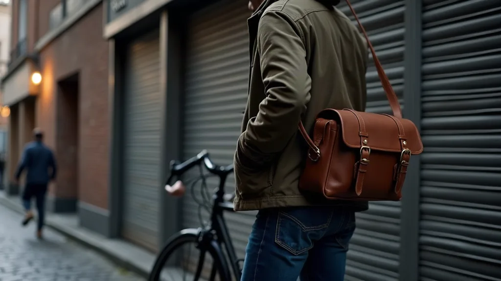 Homme enfilant un sac messager en cuir marron à côté de son vélo urbain au crépuscule, scène de trajet quotidien