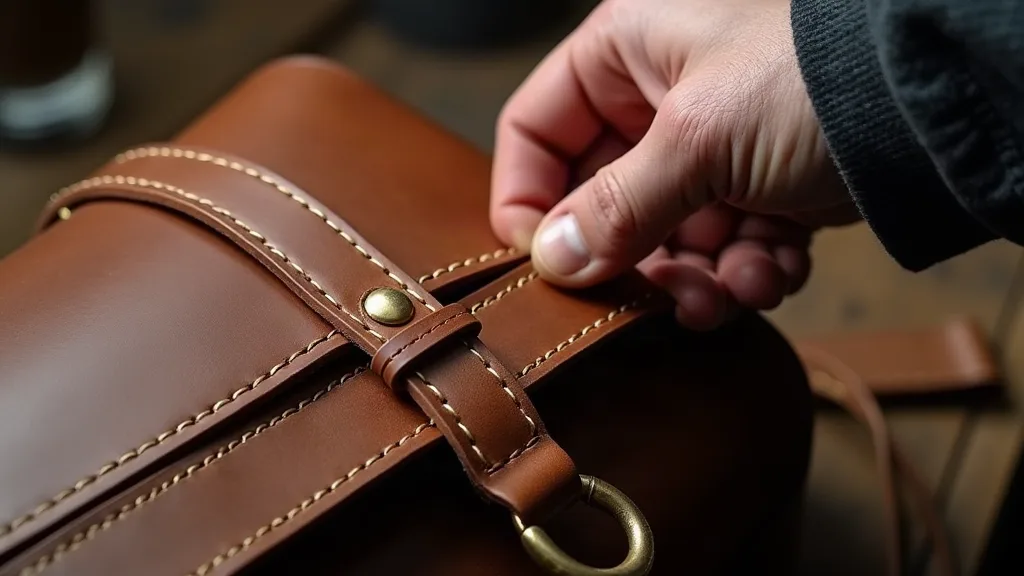 Gros plan macro sur le point de renfort d'une attache de bandoulière de sacoche en cuir avec double couture sellier et rivet laiton sous tension