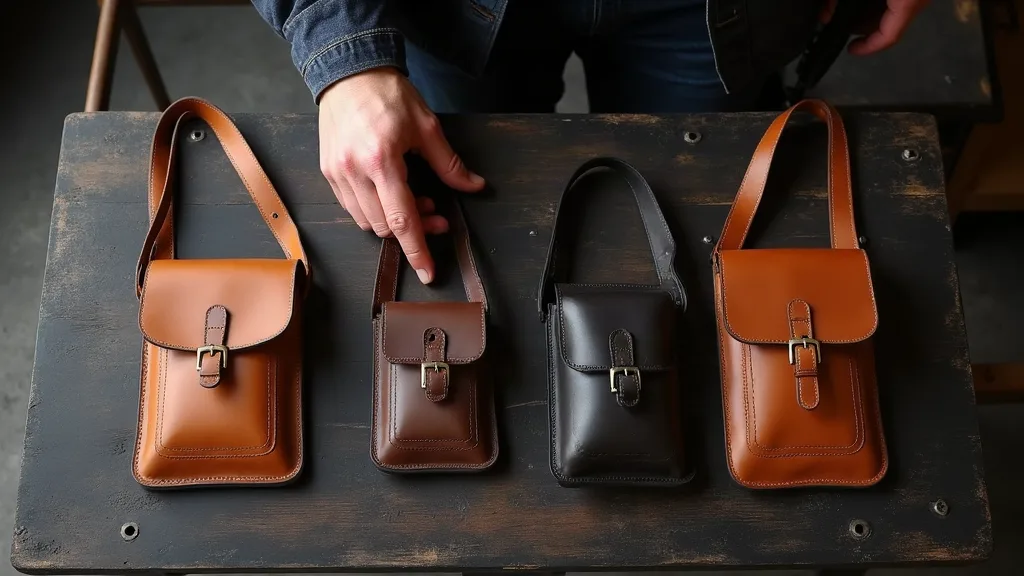 Vue de dessus de quatre sacoches en cuir de tailles différentes sur un établi en bois sombre, main d'homme comparant les formats