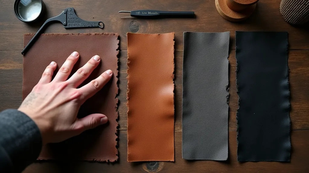 Comparaison de quatre échantillons de matières pour sacoche : cuir pleine fleur, cuir huilé, nubuck et synthétique sur un établi