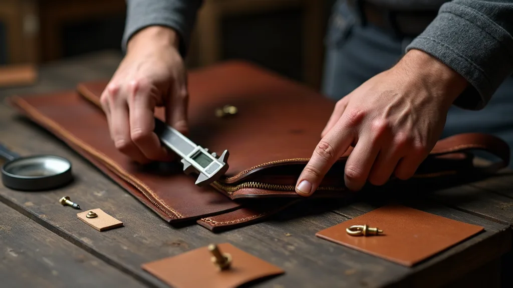 Gros plan macro sur les détails de construction d'une sacoche en cuir montrant les coutures renforcées, l'épaisseur du cuir et la quincaillerie métallique sur un établi d'artisan