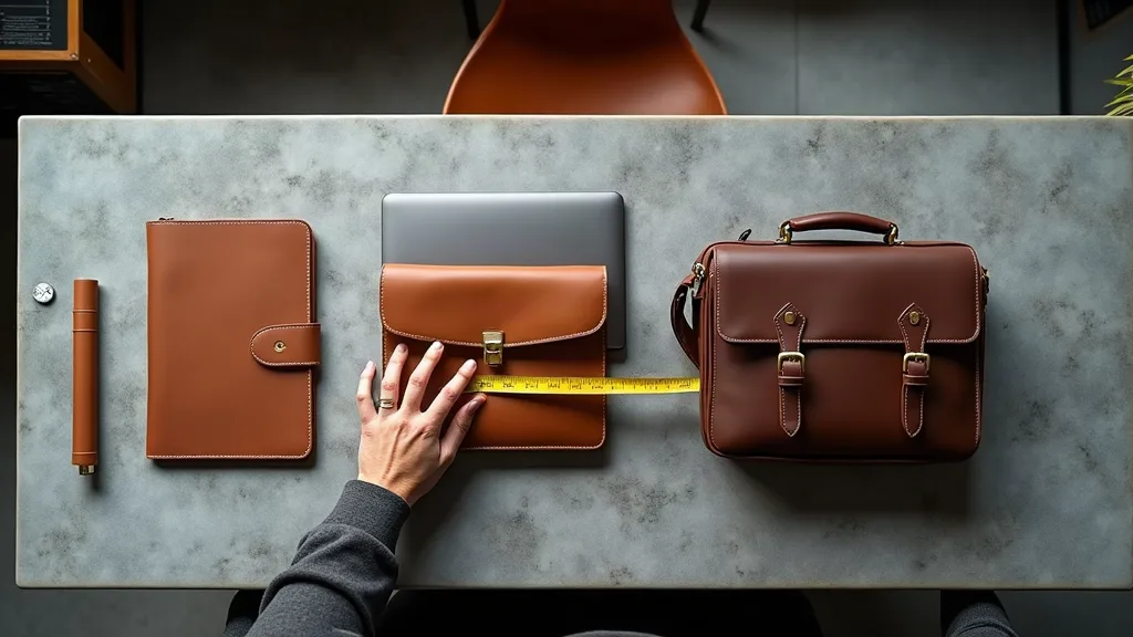 Vue du dessus de trois formats de sacoches en cuir pour le travail disposés sur une table de café parisienne avec un mètre ruban et un ordinateur portable pour comparaison de taille