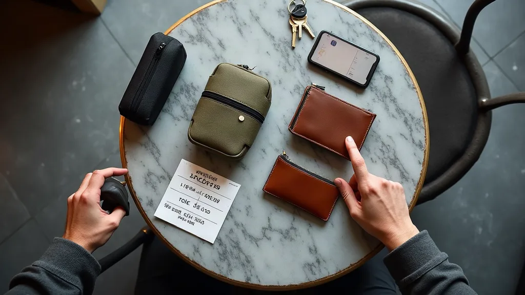 Comparaison de quatre matières de sacoches homme abordables sur table de café parisien : polyester, nylon, toile enduite et cuir d'entrée de gamme