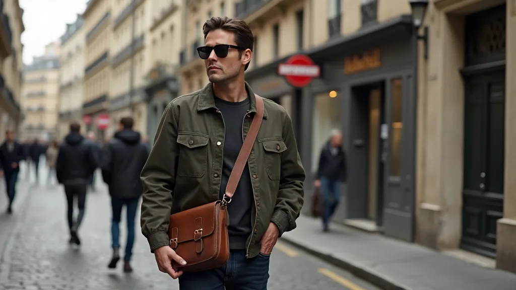 Homme en ville faisant pivoter son sac messager en cuir de l'arrière vers l'avant en marchant sur un trottoir parisien