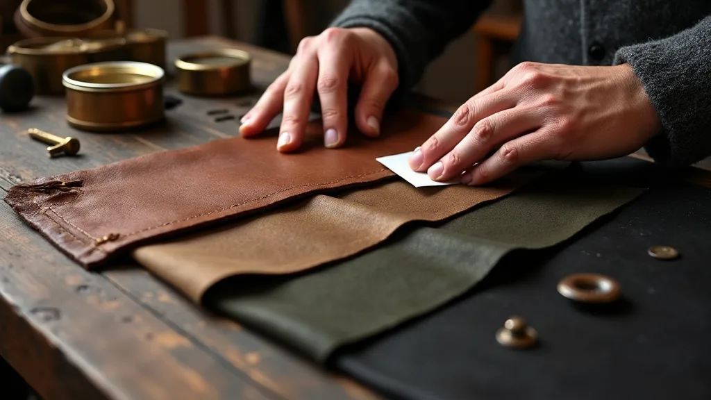 Échantillons de cuir gras et toile enduite avec outils d'évaluation qualité sur établi d'artisan maroquinier