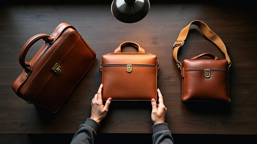 Comparaison visuelle de trois formats de sacs professionnels pour homme sur un bureau en bois
