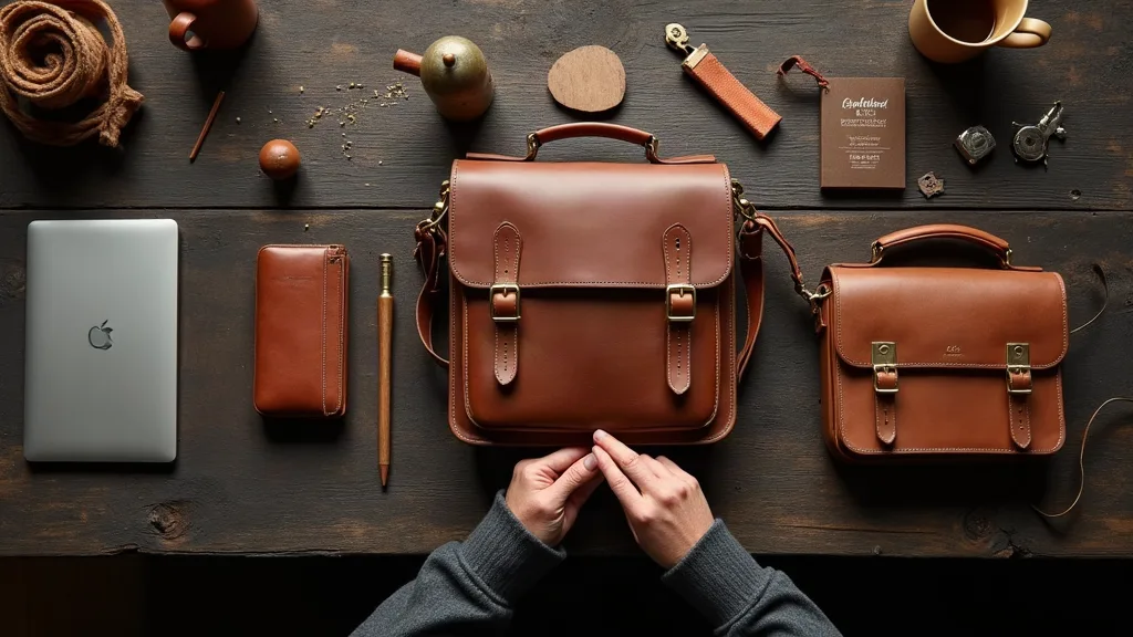 Comparaison de trois formats de sacoche cuir homme sur table en bois avec objets du quotidien pour choisir le bon format selon l'usage