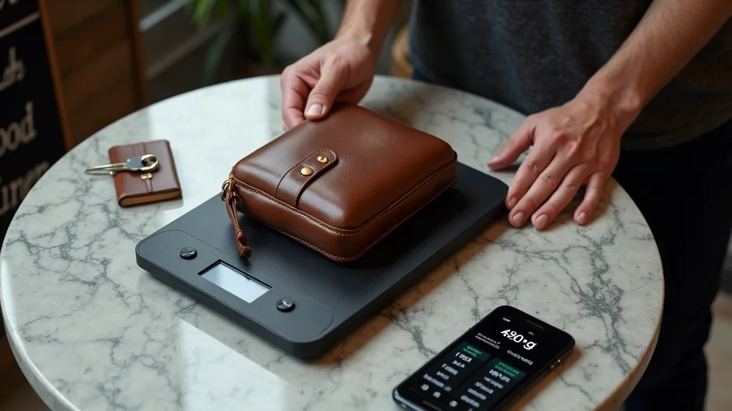 Sacoche bandoulière compacte en cuir grain naturel posée sur une balance de cuisine numérique affichant un poids d'environ 500 grammes, sur une table en marbre de café parisien avec smartphone montrant fiche technique et objets du quotidien à côté