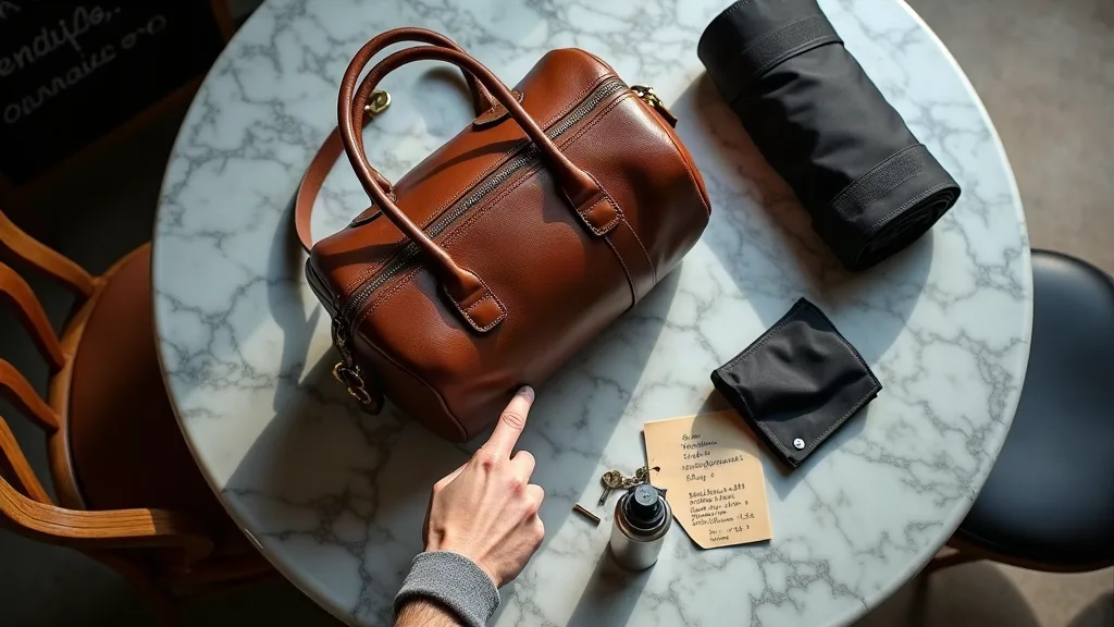 Trois nouveaux formats de sacs homme 2026 disposés sur table de café parisien avec accessoires quotidiens