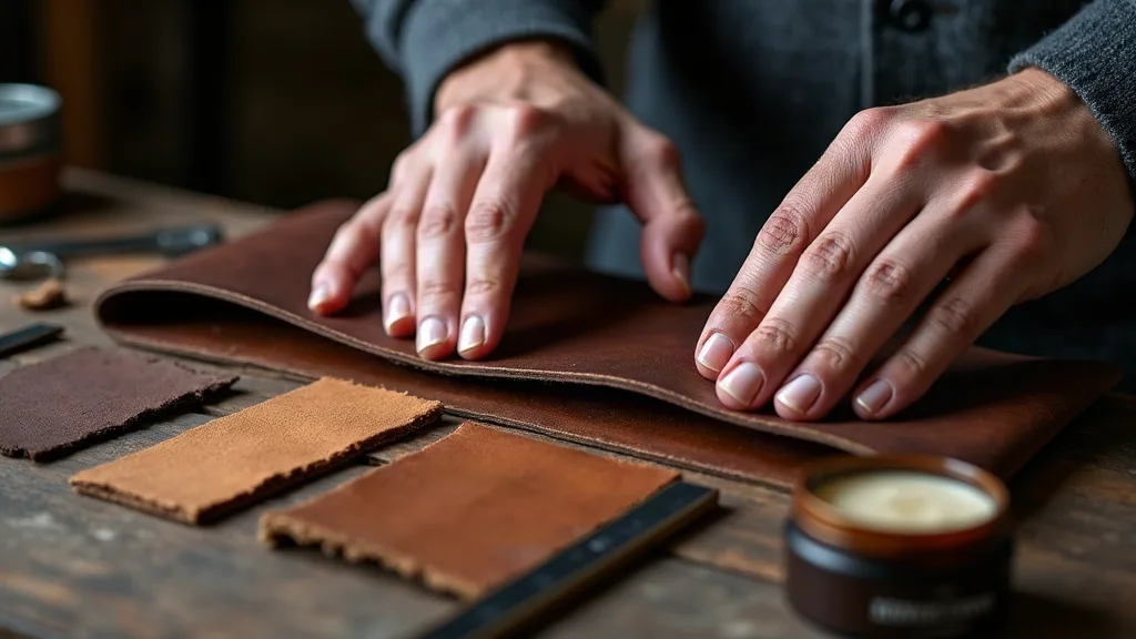 Gros plan des mains testant la qualité du cuir pleine fleur d'un sac messager sur un établi d'atelier avec échantillons de cuir