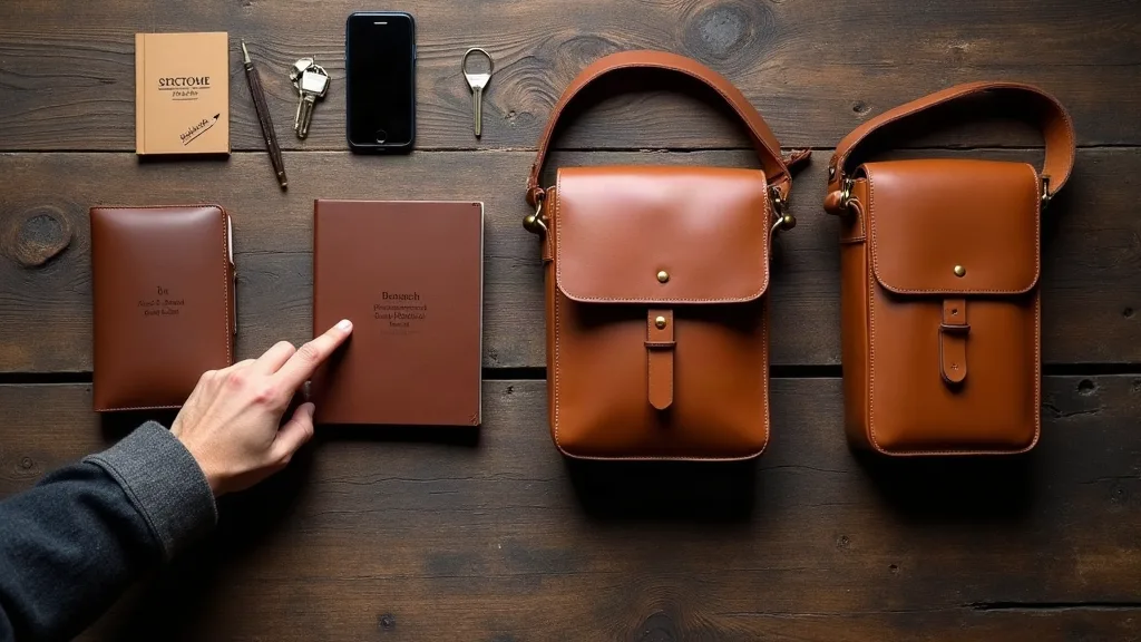 Comparaison de quatre formats de sacoches bandoulière homme en cuir sur un établi en bois avec objets du quotidien