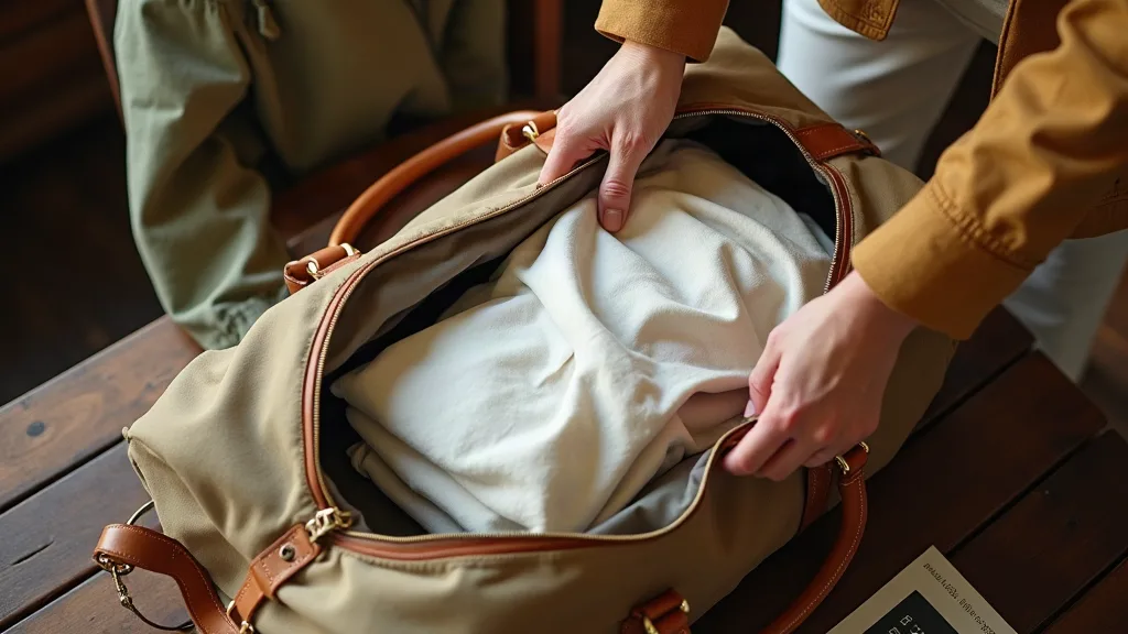 Vue rapprochée de mains préparant méthodiquement un sac de voyage en toile et cuir avec vêtements légers et checklist pour destination ensoleillée