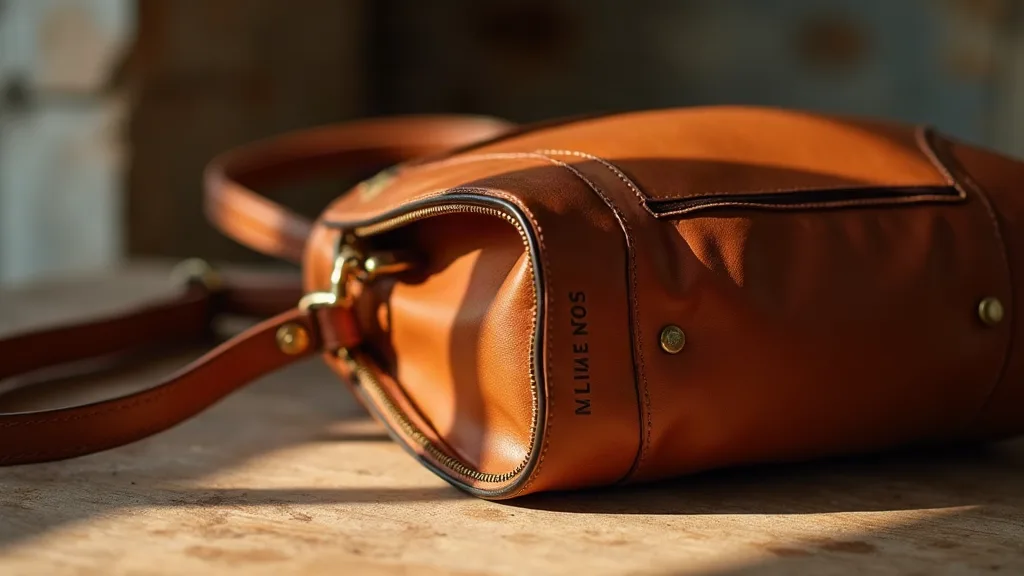 Gros plan macro sur les détails de qualité d'un sac à main voyage en cuir cognac : épaisseur du cuir, piqué sellier, rivets en laiton, fermeture YKK et doublure épaisse sur table d'atelier