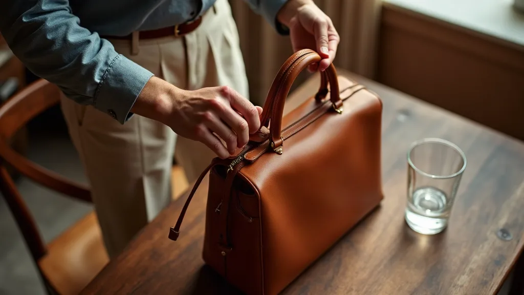 Mains examinant la qualité d'un sac à main en cuir cognac sur une table en bois, test de souplesse et d'absorption pour reconnaître un cuir véritable