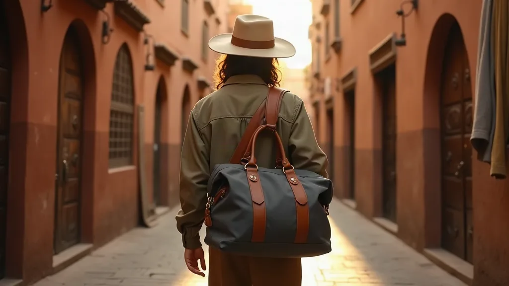 Voyageur de dos marchant dans une ruelle pavée de la médina de Marrakech à l'heure dorée, portant un sac de voyage en toile cirée grise et cuir marron, murs ocre et textiles colorés en arrière-plan