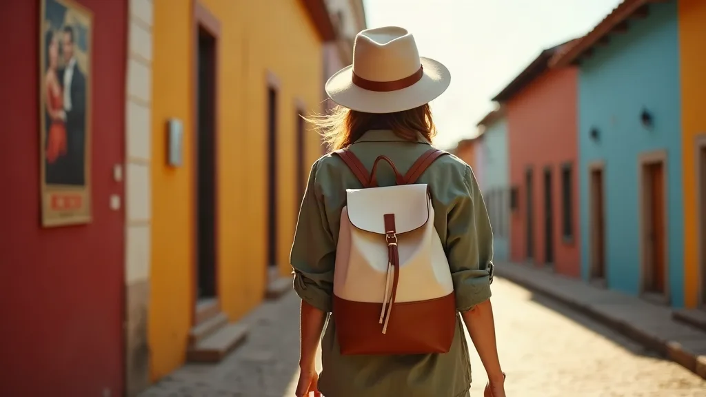 Voyageuse élégante de dos explorant les rues colorées de La Boca à Buenos Aires avec un sac à dos en toile beige et cuir, maisons peintes en rouge, jaune et bleu en arrière-plan