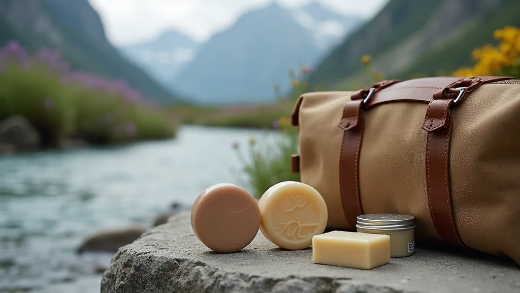 Produits solides de voyage disposés près d'un ruisseau de montagne illustrant l'alternative aux liquides en bagage cabine qui échappent au quota d'un litre