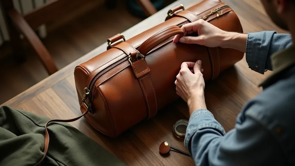 Gros plan de mains examinant les points d'attache et rivets d'un sac de voyage en cuir cognac sur table en noyer, lumière naturelle d'après-midi