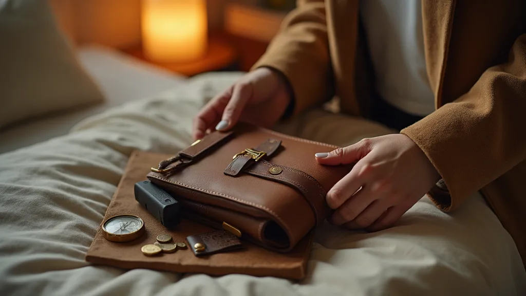 Préparation soignée d'affaires de voyage sur lit d'hôtel avec accessoires en cuir vintage de qualité