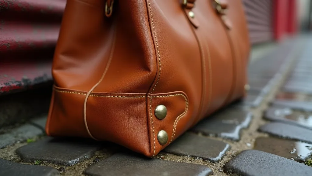 Gros plan sur le fond d'un sac à main en cuir cognac avec pieds de protection métalliques sur pavés mouillés, détail de construction pour la durabilité