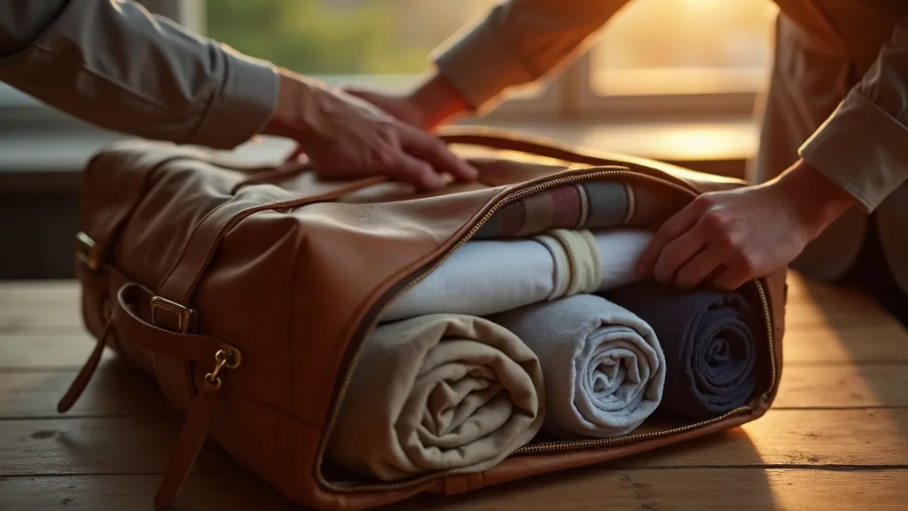 Gros plan sur des mains roulant soigneusement un t-shirt en coton de façon serrée et régulière, technique d'optimisation de l'espace dans un sac de voyage en cuir