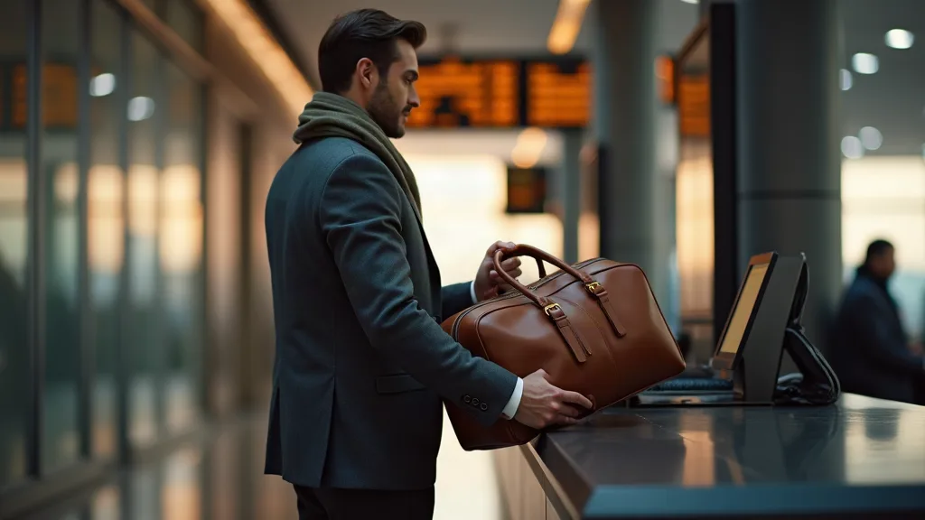 Voyageur d'affaires vérifiant que son sac de voyage en cuir respecte les dimensions cabine autorisées par les compagnies aériennes