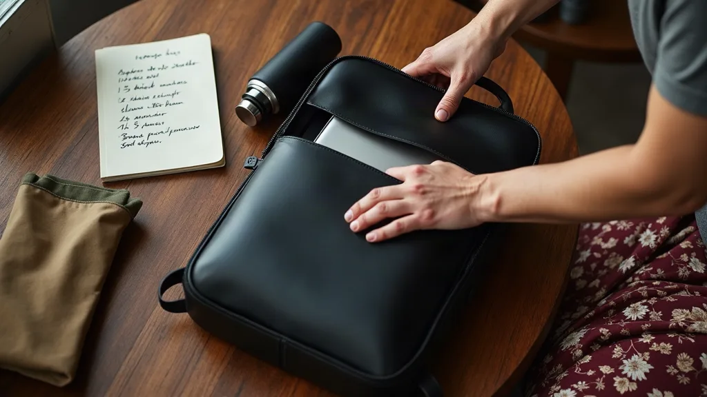 Vue du dessus de mains organisant ordinateur portable et essentiels du quotidien dans un sac à dos en cuir noir sur table en bois