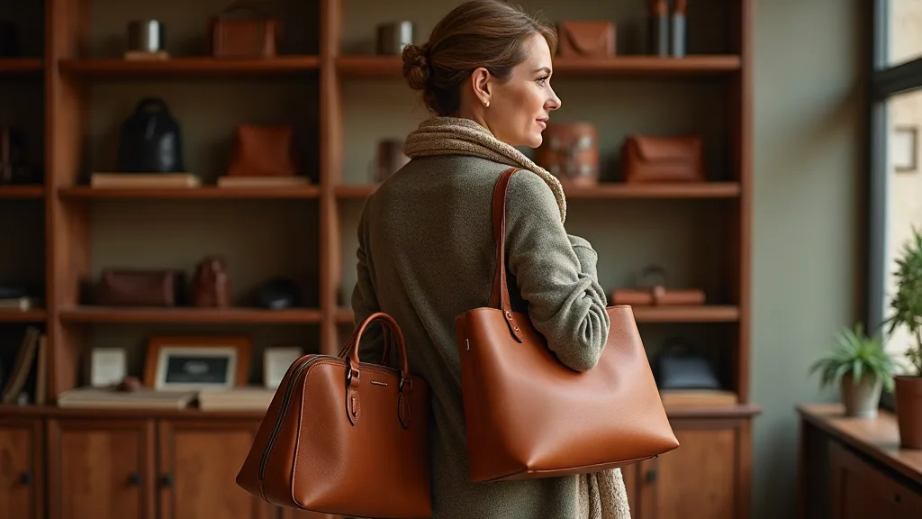 Femme élégante comparant deux sacs à main en cuir dans une boutique parisienne, inspectant la qualité du cuir pleine fleur et les finitions avant achat