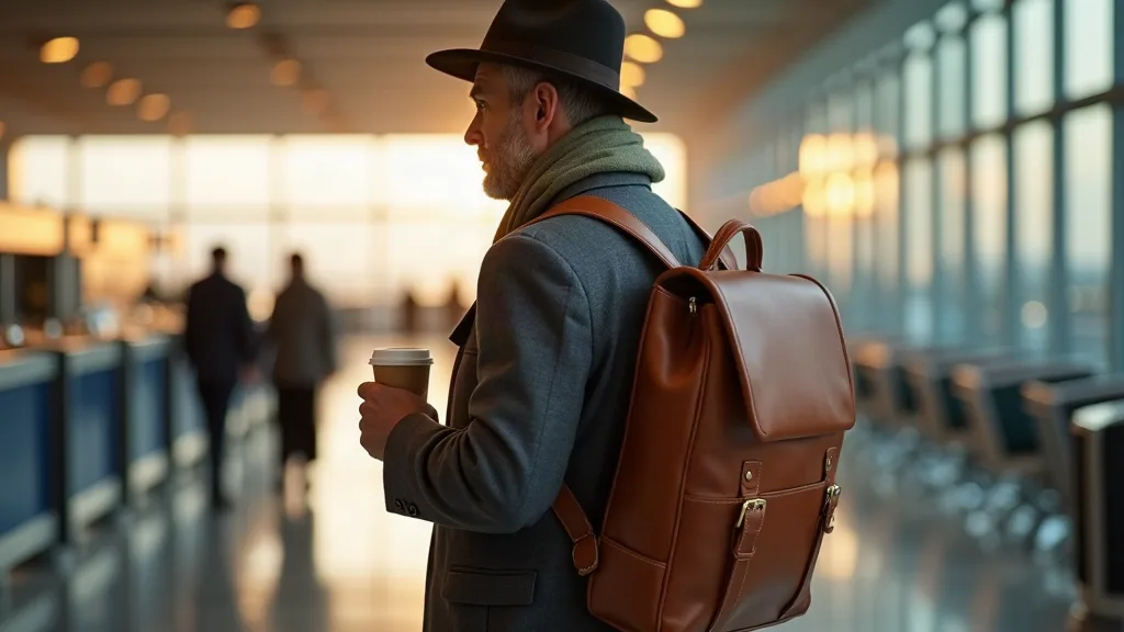 Homme d'affaires portant correctement un sac à dos en cuir élégant dans un terminal d'aéroport, bretelles ajustées haut, mains libres, illustrant le confort sans compromettre l'allure professionnelle