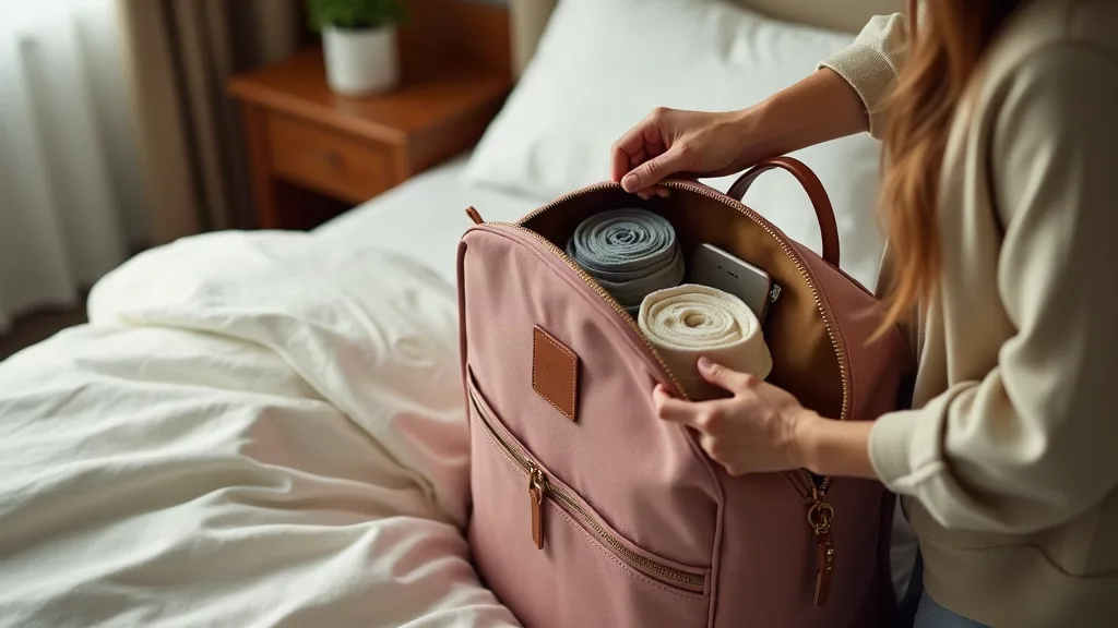 Vue du dessus de mains organisant méthodiquement des vêtements roulés et accessoires de voyage sur un lit, illustrant la méthode de tri en trois temps pour voyager léger