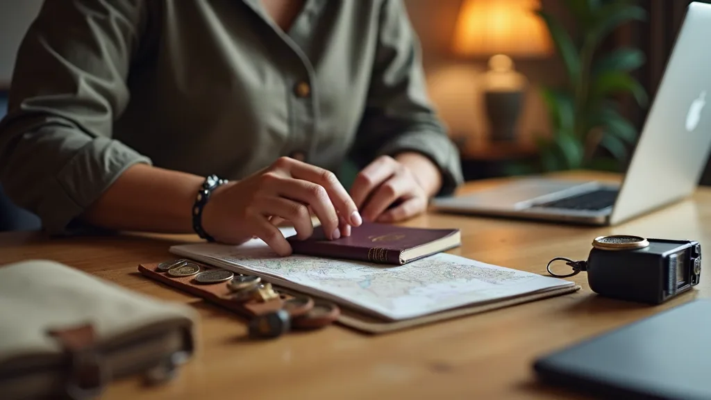 Organisation de voyage professionnelle, femme préparant ses affaires sur un bureau élégant
