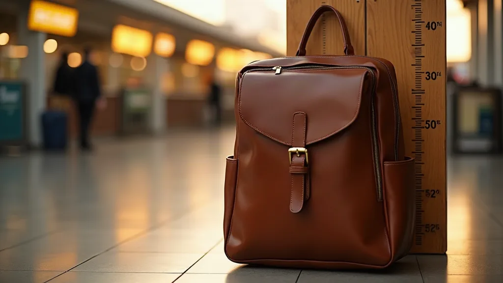 Sac à dos de voyage en cuir posé dans un gabarit de mesure cabine à l'aéroport