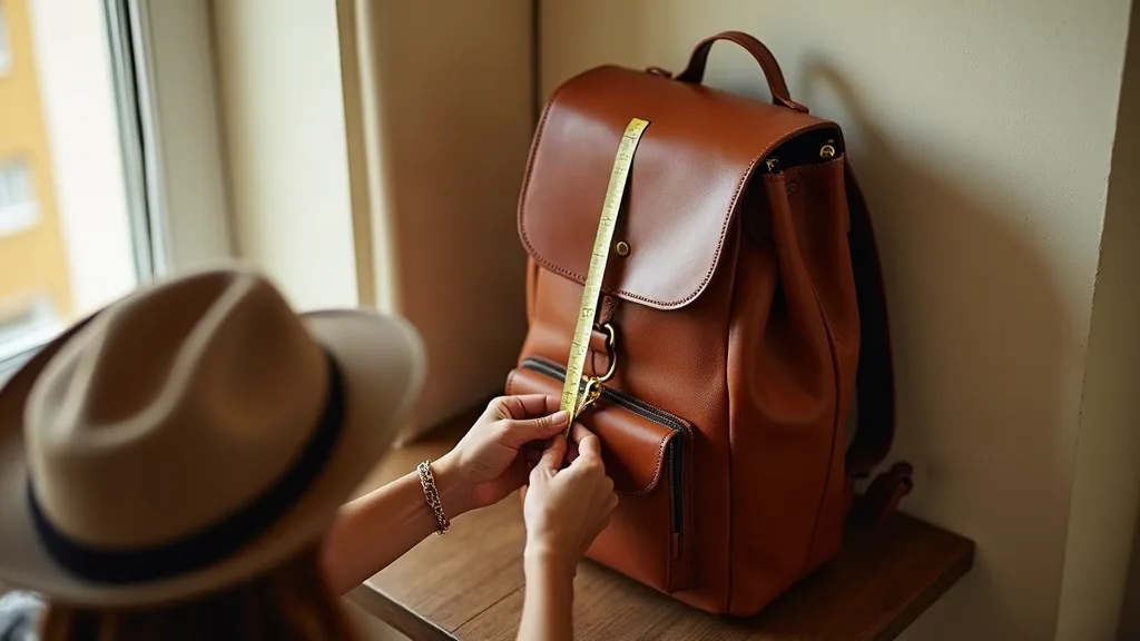 Mesure précise d'un sac à dos de voyage rempli contre un mur pour vérifier les dimensions cabine réelles