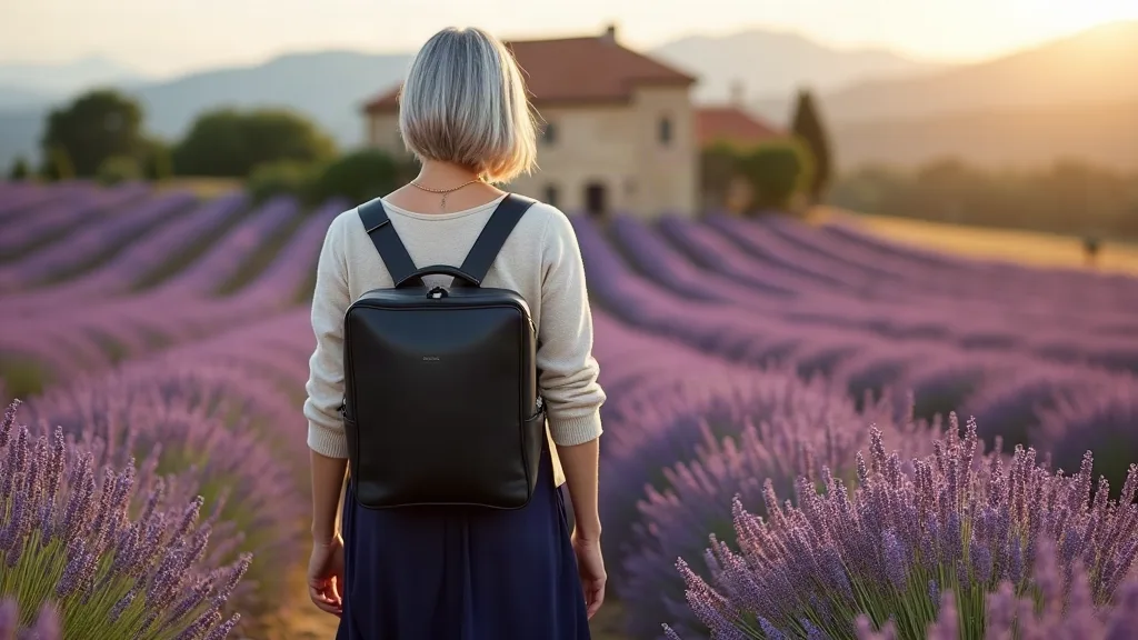 Voyageuse traversant les champs de lavande de Provence avec un sac à dos cuir noir compressible aux bretelles ajustées, lumière d'été dorée