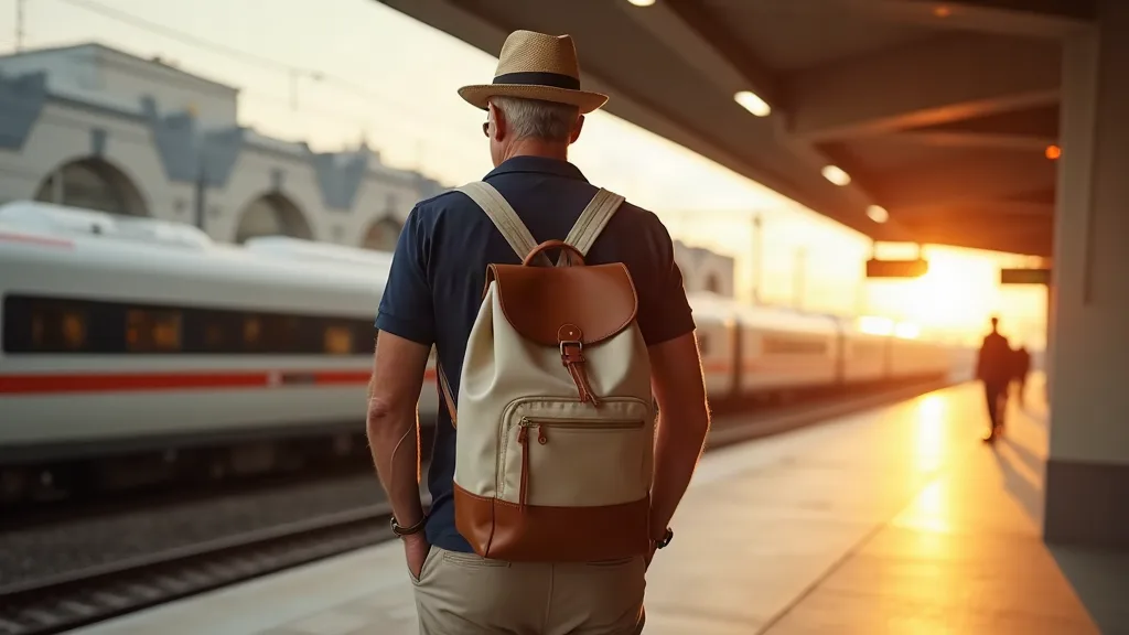 Voyageur senior évaluant son sac à dos en toile beige sur un quai de gare moderne, illustrant le choix du bon format de bagage selon le mode de transport