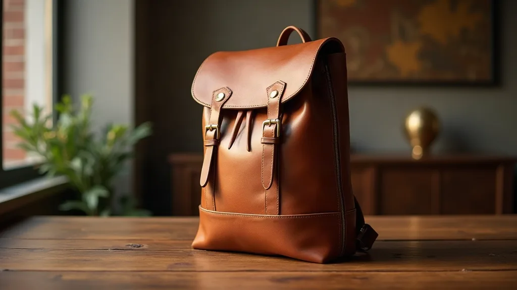 Gros plan sur les détails raffinés d'un sac à dos en cuir : boucles en laiton mat, cuir pleine fleur cognac et fermeture éclair YKK, illustrant les trois critères d'élégance