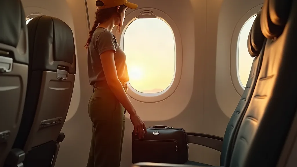 Voyageuse assise côté hublot dans un avion, porte-documents en cuir noir rangé sous le siège, main posée sur le cadre frais de la fenêtre à l'aube