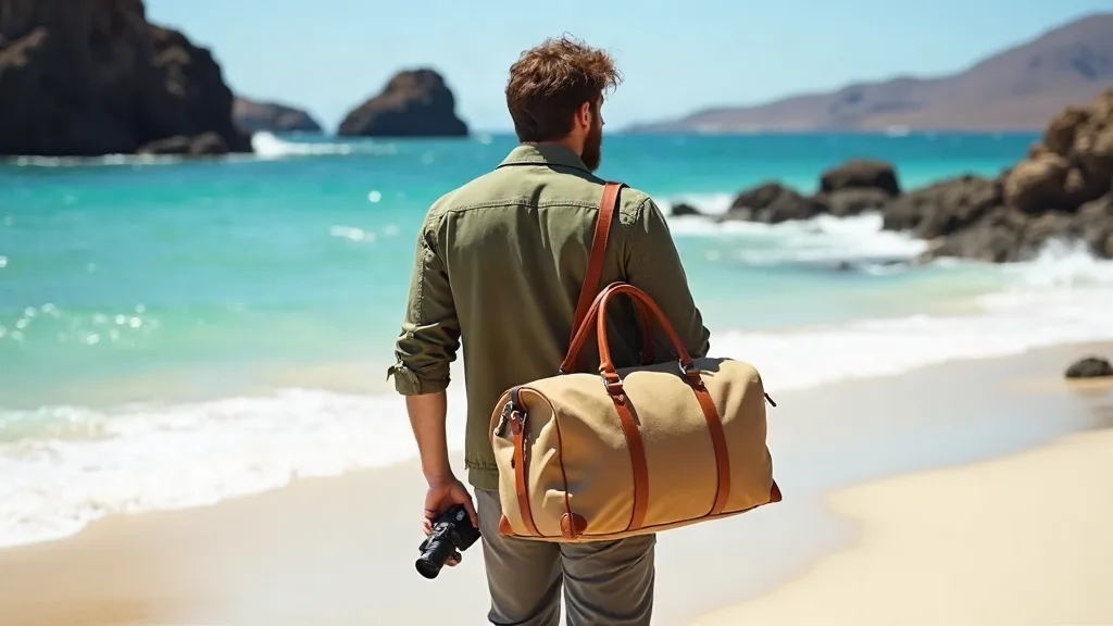 Voyageur marchant sur plage de sable blanc aux Canaries en hiver avec son sac de voyage en toile et cuir, roches volcaniques à l'horizon
