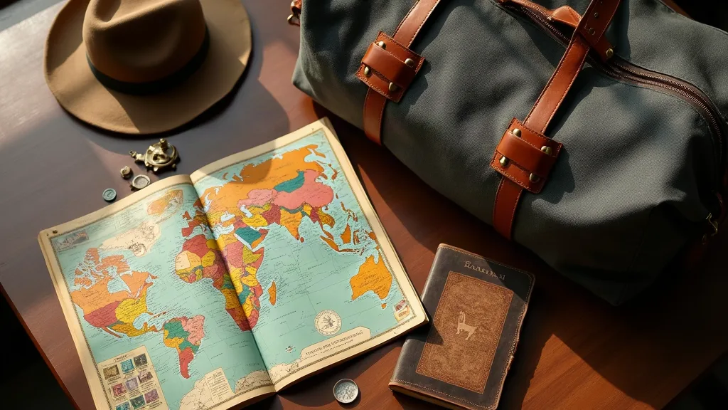Vue de dessus d'une table en bois avec carte du monde pliée, passeport aux tampons multiples, boussole en laiton patiné et sac de voyage en toile grise et cuir marron, évoquant les voyages au long cours